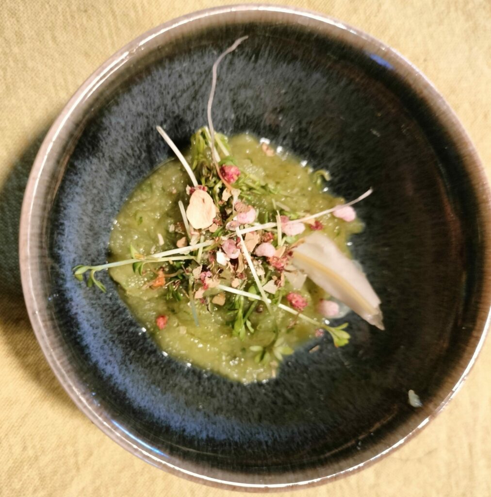 assiette de soupe jolikment décorée de légumes séchés et de graines germée exemple de plat de la reprise alimentaire à fi fin du séjour de jeûne